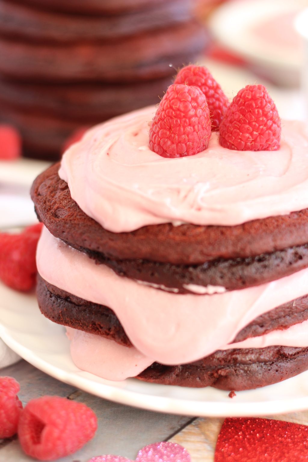 Red Velvet Pancakes with Raspberry Cream