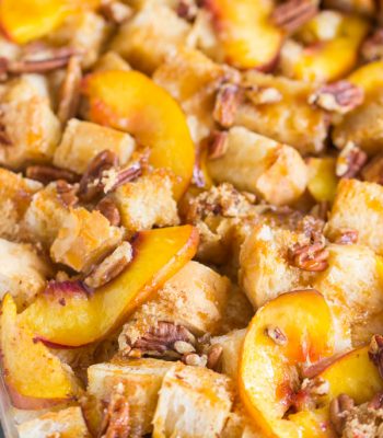 Caramel Pecan Peach French Toast Casserole recipe image thegoldlininggirl.com 600x900