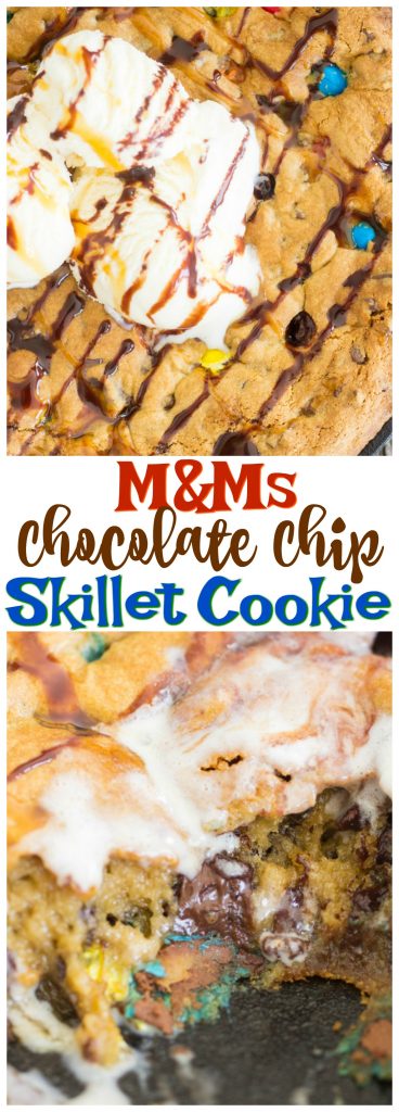 M&Ms Chocolate Chip Skillet Cookie recipe image thegoldlininggirl.com pin
