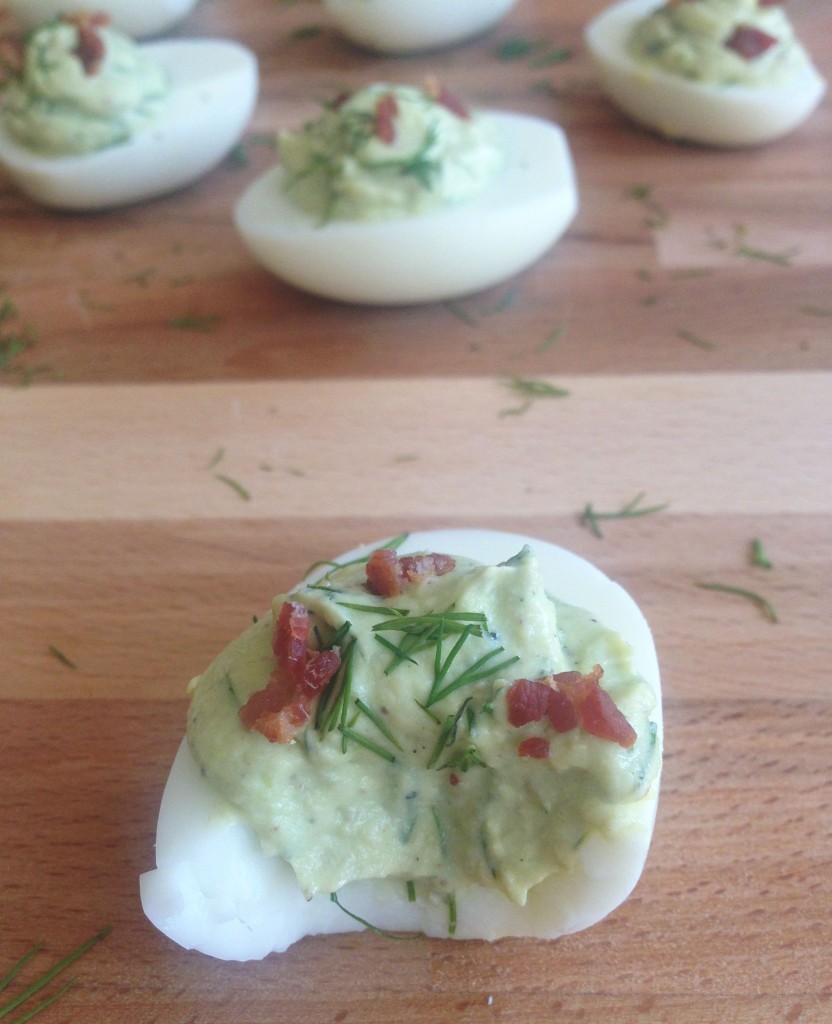 Bacon Avocado Deviled Eggs with Dill and Goat Cheese