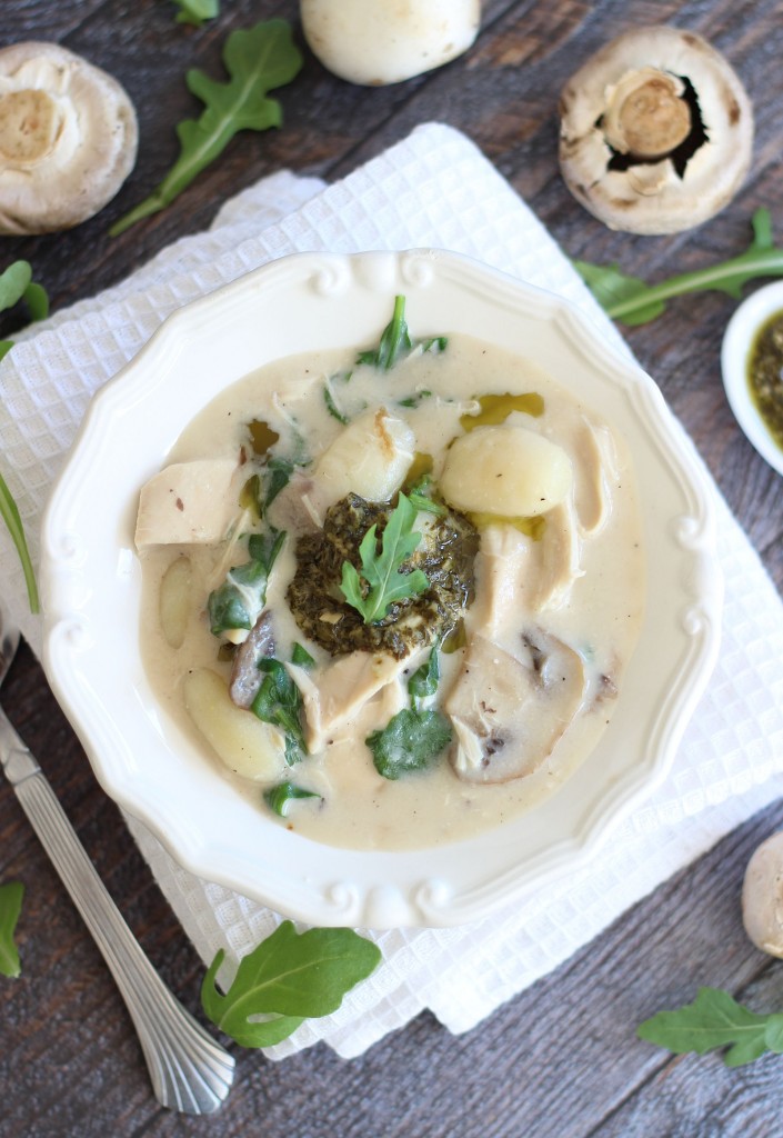 chicken mushroom alfredo soup with gnocchi and pesto 9