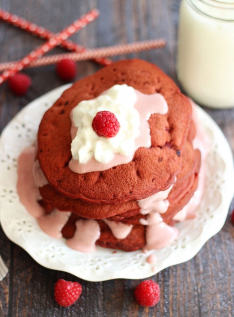 red velvet raspberry pancakes with raspberry cream cheese sauce 1