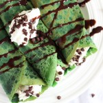 Green Velvet Crepes with Bailey’s Chocolate Chip Cheesecake Filling