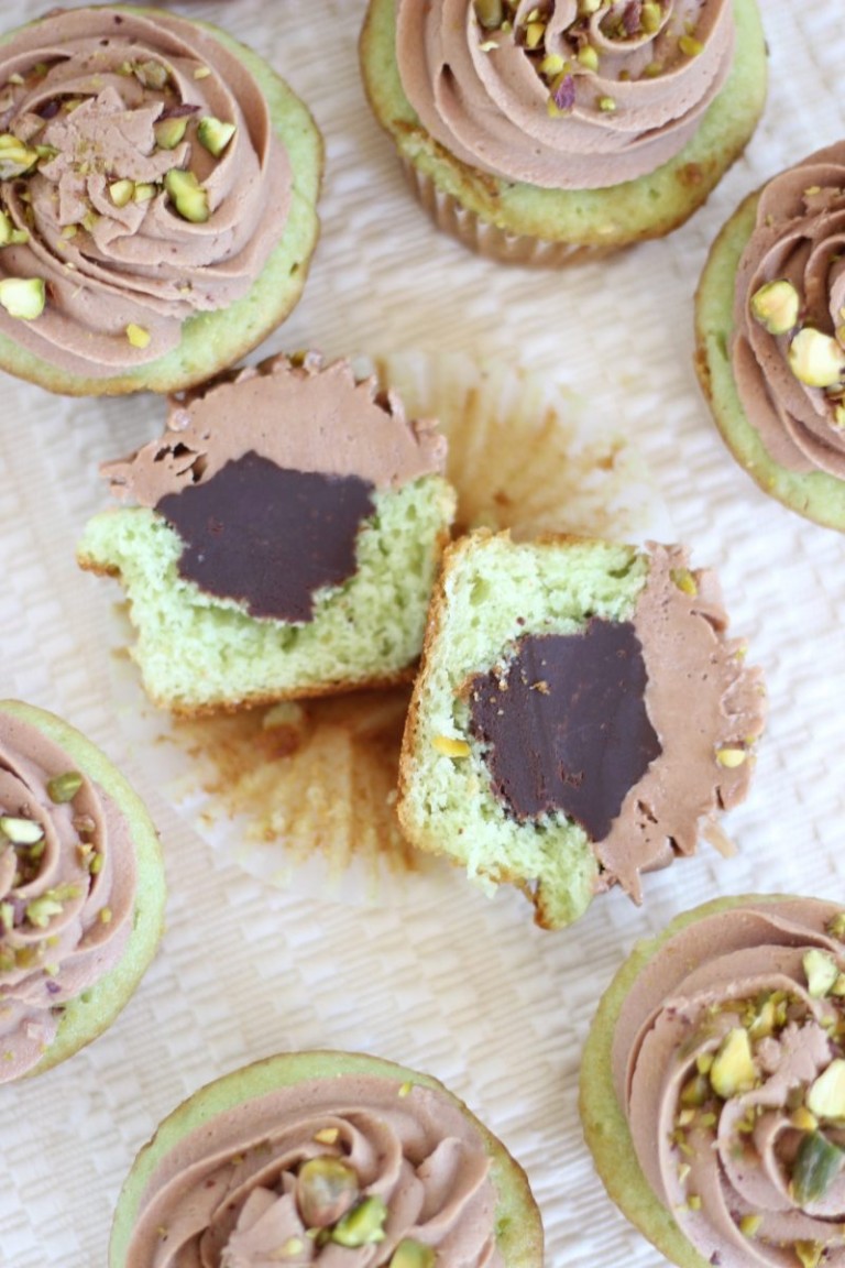 Chocolate Ganache Pistachio Cupcakes with Chocolate Cream Cheese Frosting