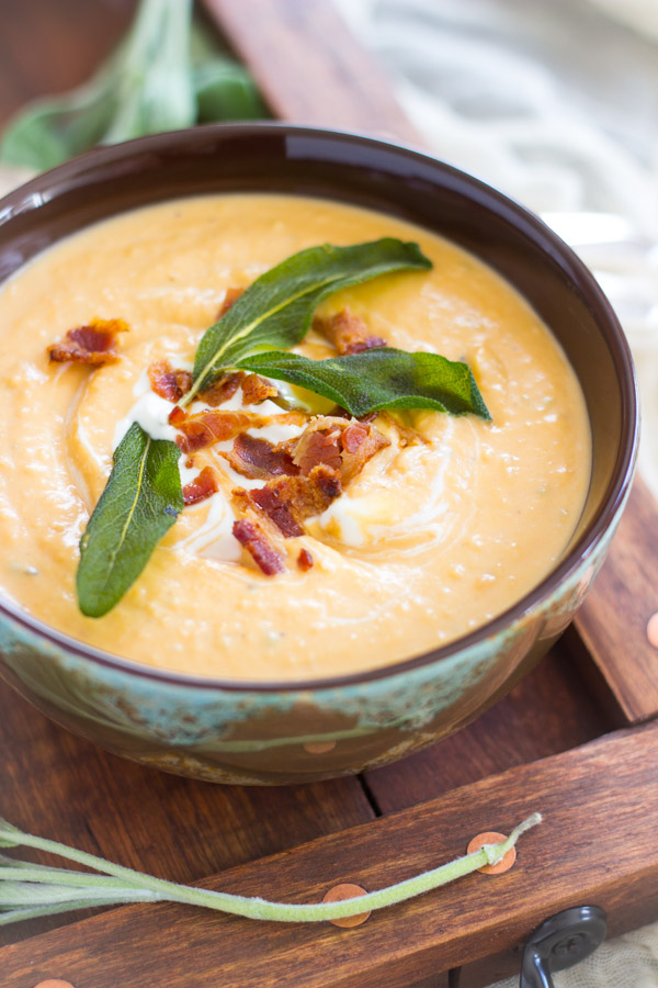 Sweet Potato White Bean Soup with Bacon and Crispy Sage