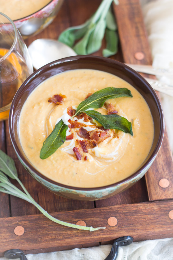 Sweet Potato White Bean Soup with Bacon and Crispy Sage