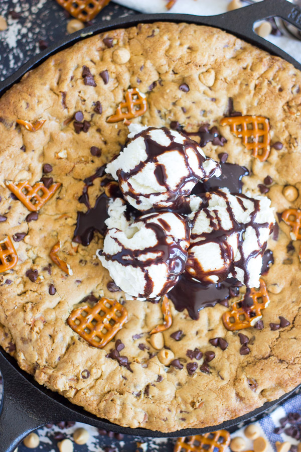 Caramel Pretzel Peanut Butter Chocolate Chip Skillet Cookie