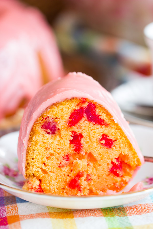 Cherry Amaretto Bundt Cake! Featuring two jars of maraschino cherries, maraschino cherry juice, and a heavy pour of amaretto! And that GLAZE!