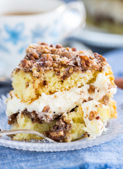 Layered Cinnamon Streusel Coffee Cake with Cream Cheese Filling! The ultimate brunch show-stopper, there is no other coffee cake like this!