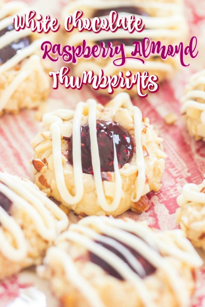 White Chocolate Raspberry Almond Thumbprint Cookies recipe image thegoldlininggirl.com short pin 2