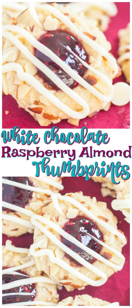 White Chocolate Raspberry Almond Thumbprints recipe image thegoldlininggirl.com long pin 1
