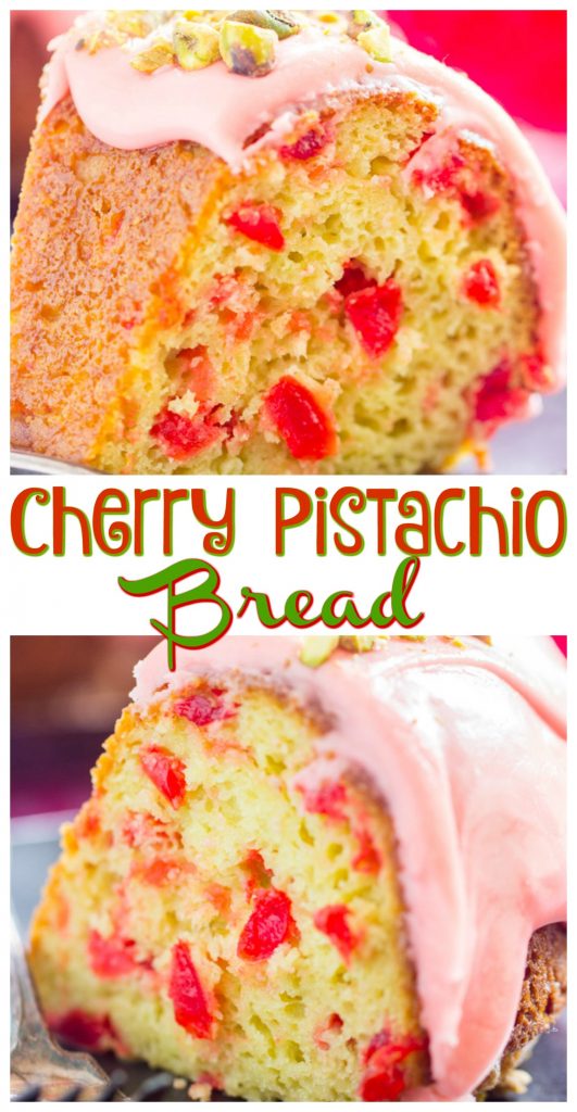 Maraschino Cherry Pistachio Bread with Cherry Glaze recipe image thegoldlininggirl.com pin 1