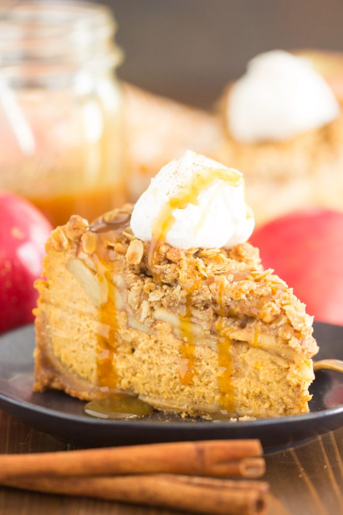 Apple Crisp Pumpkin Cheesecake recipe image thegoldlininggirl.com 16