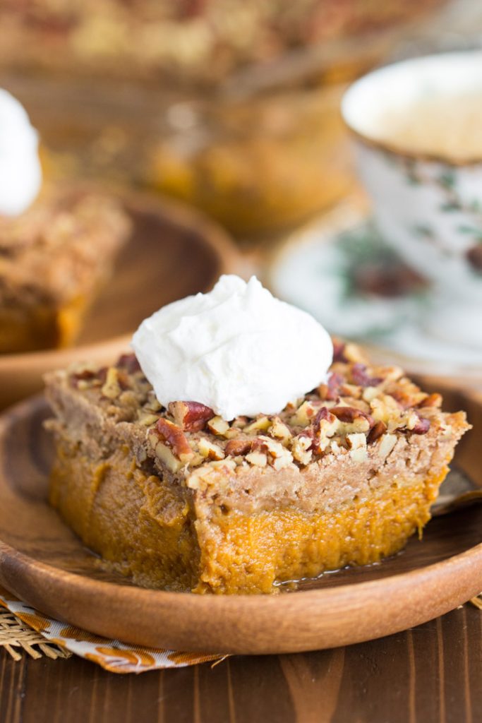 Upside Down Pumpkin Pie cake image thegoldlininggirl.com 14