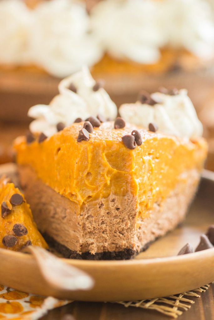 No Bake Double Layer Chocolate Pumpkin Cheesecake recipe